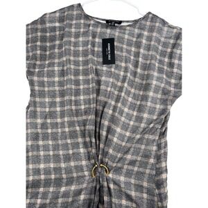 NWT Kenneth Cole Plaid Asymmetrical Midi Dress Gold Ring Detail Women's Medium‎